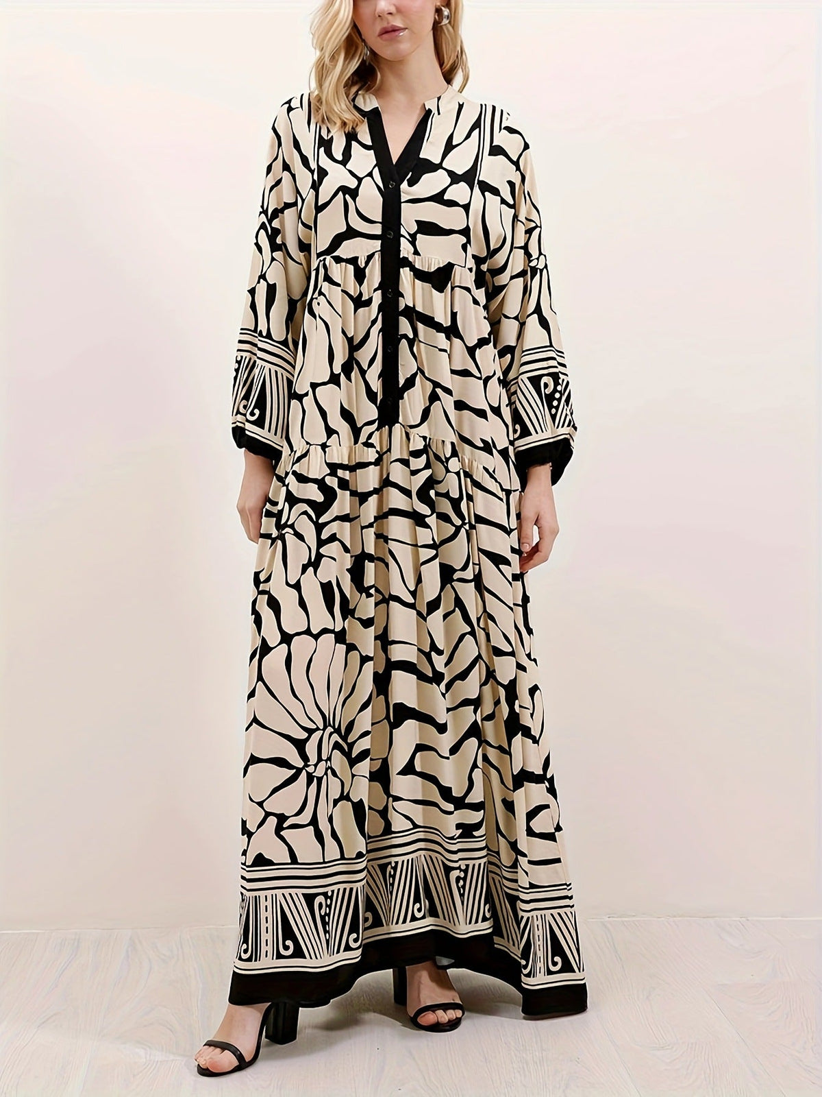 Melba Lane – cream and black print maxi dress patterned hem border detail, AU women's sizes