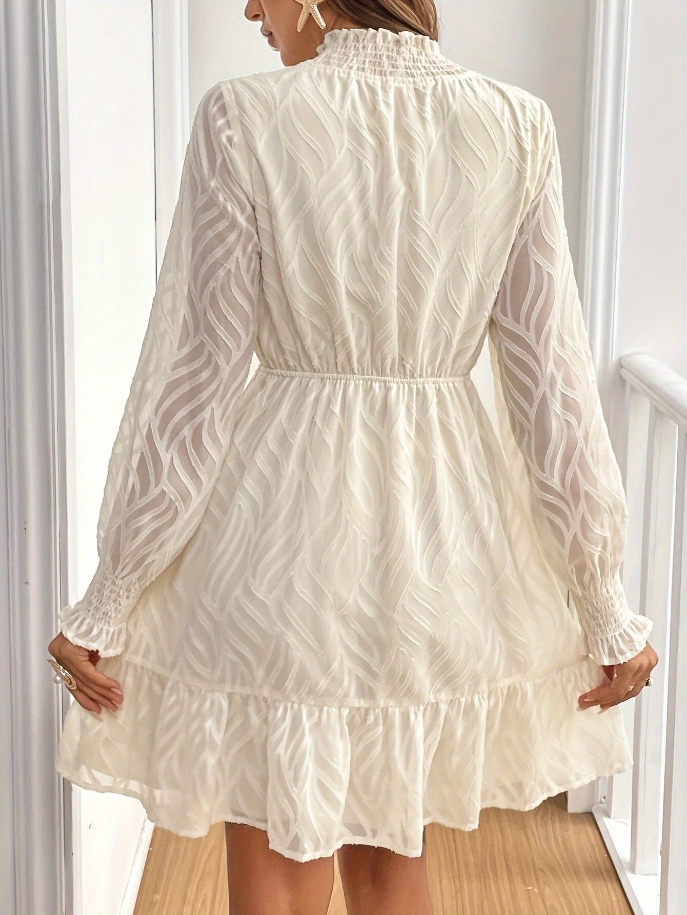 Melba Lane – Cream Textured Chiffon A-Line Dress Back View with Smocked Cuffs, AU women's sizes