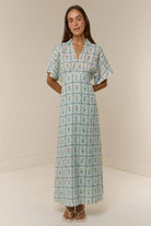 Melba Lane – linen floral collared maxi dress, angled view, AU women's sizes
