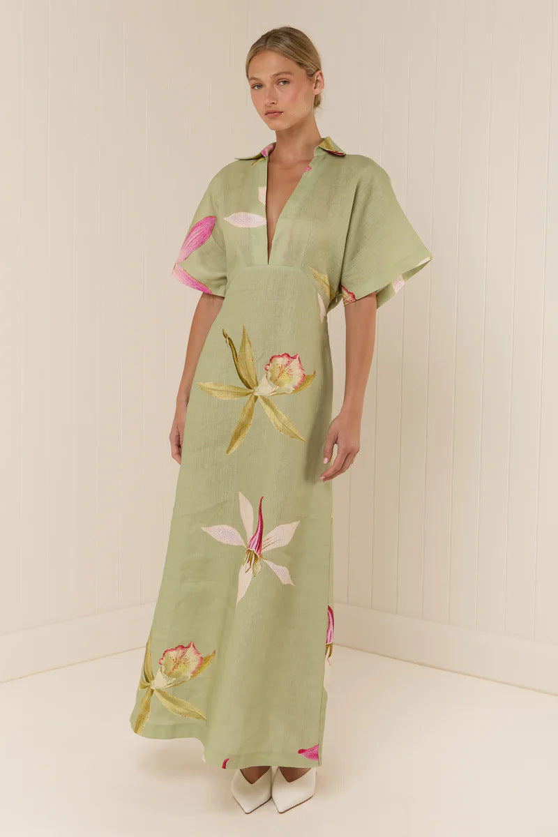 Melba Lane – linen floral collared maxi dress, front view, AU women's sizes