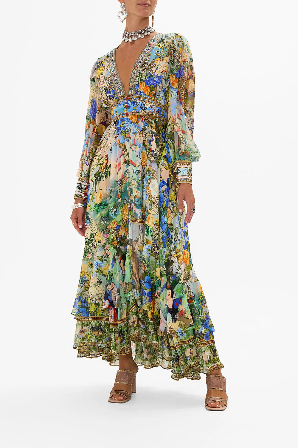Melba Lane – floral chiffon puff sleeve maxi dress, full length view, AU women's sizes