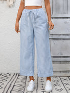 Melba Lane – Devizes light blue striped cropped wide-leg pants, front view with the drawstring waist tied, AU women's sizes