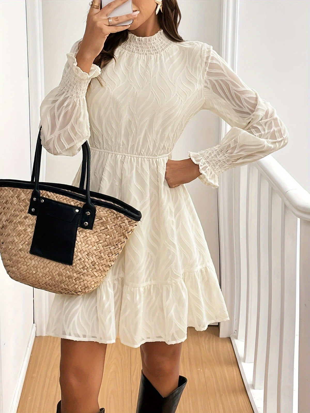 Melba Lane – Cream Textured Chiffon A-Line Dress Full Front View, AU women's sizes