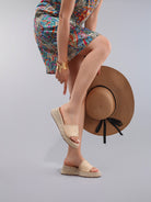 Melba Lane – raffia woven low wedge slide sandals, styled view, AU women's sizes