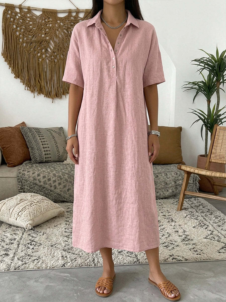 Melba Lane – Nerano soft pink collared linen shirt midi dress, full-length front view in a boho living room, AU women's sizes