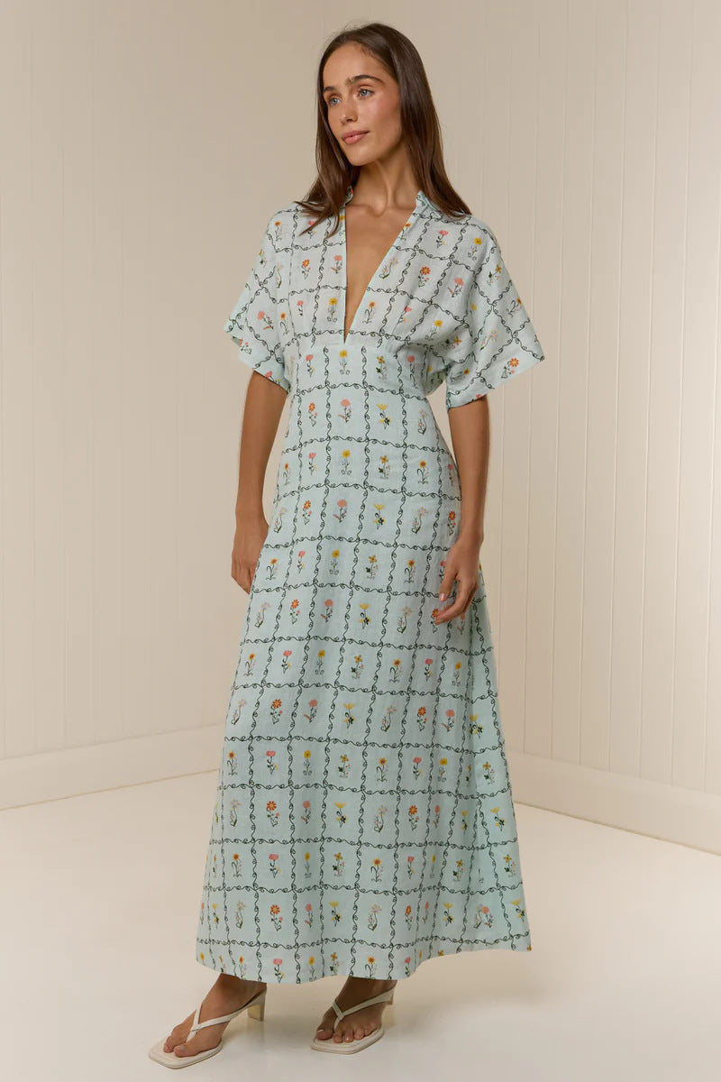 Melba Lane – linen floral collared maxi dress, fabric detail, AU women's sizes