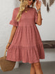 Melba Lane – Studland dusty rose textured tiered short-sleeve dress, front view with a straw tote held low, AU women's sizes