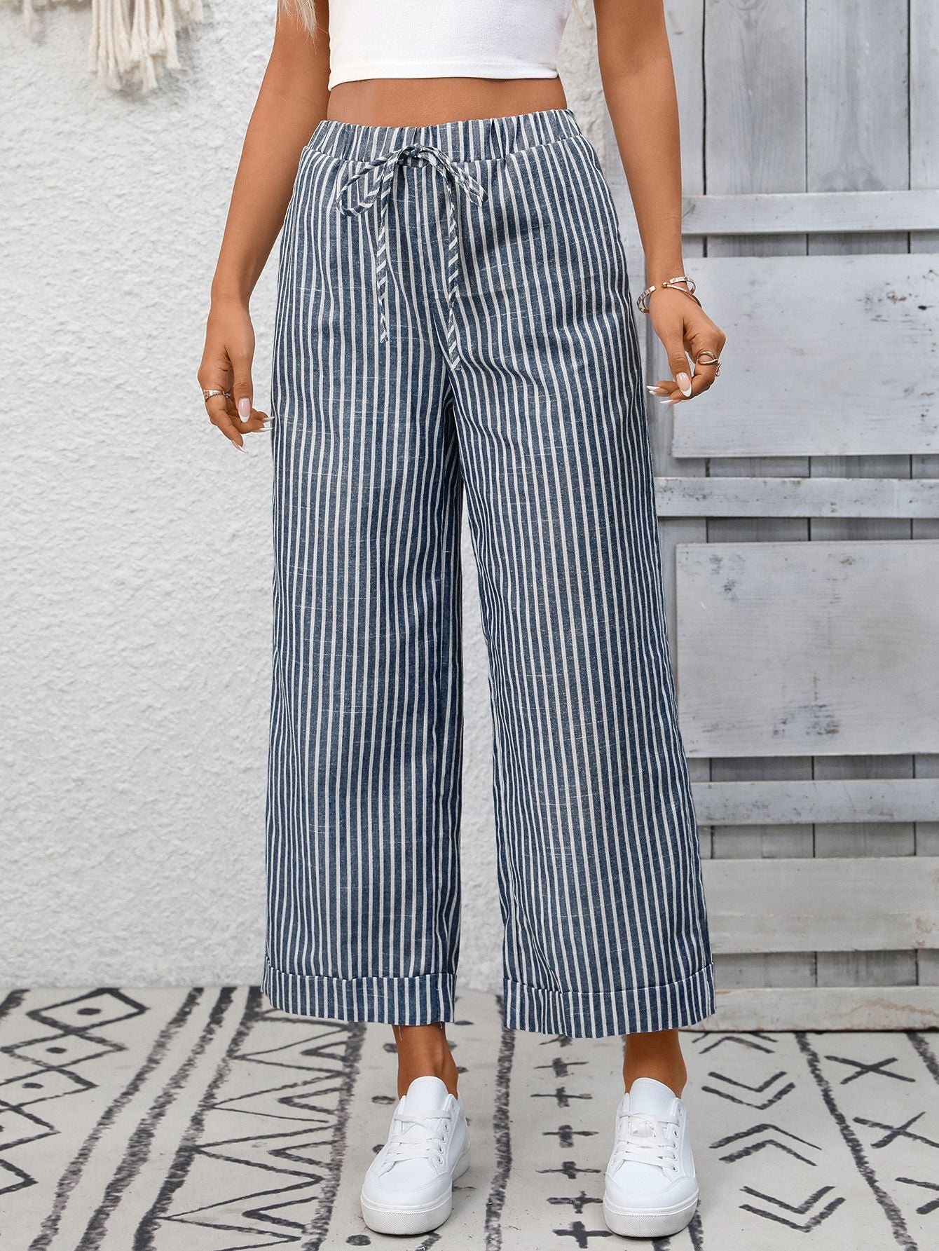 Melba Lane – Devizes denim blue striped cropped wide-leg pants, front view showing the drawstring waist, AU women's sizes