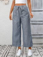 Melba Lane – Devizes denim blue striped cropped wide-leg pants, front view showing the drawstring waist, AU women's sizes