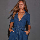 Melba Lane – blue denim midi shirt dress collar and open V neckline, AU women's sizes