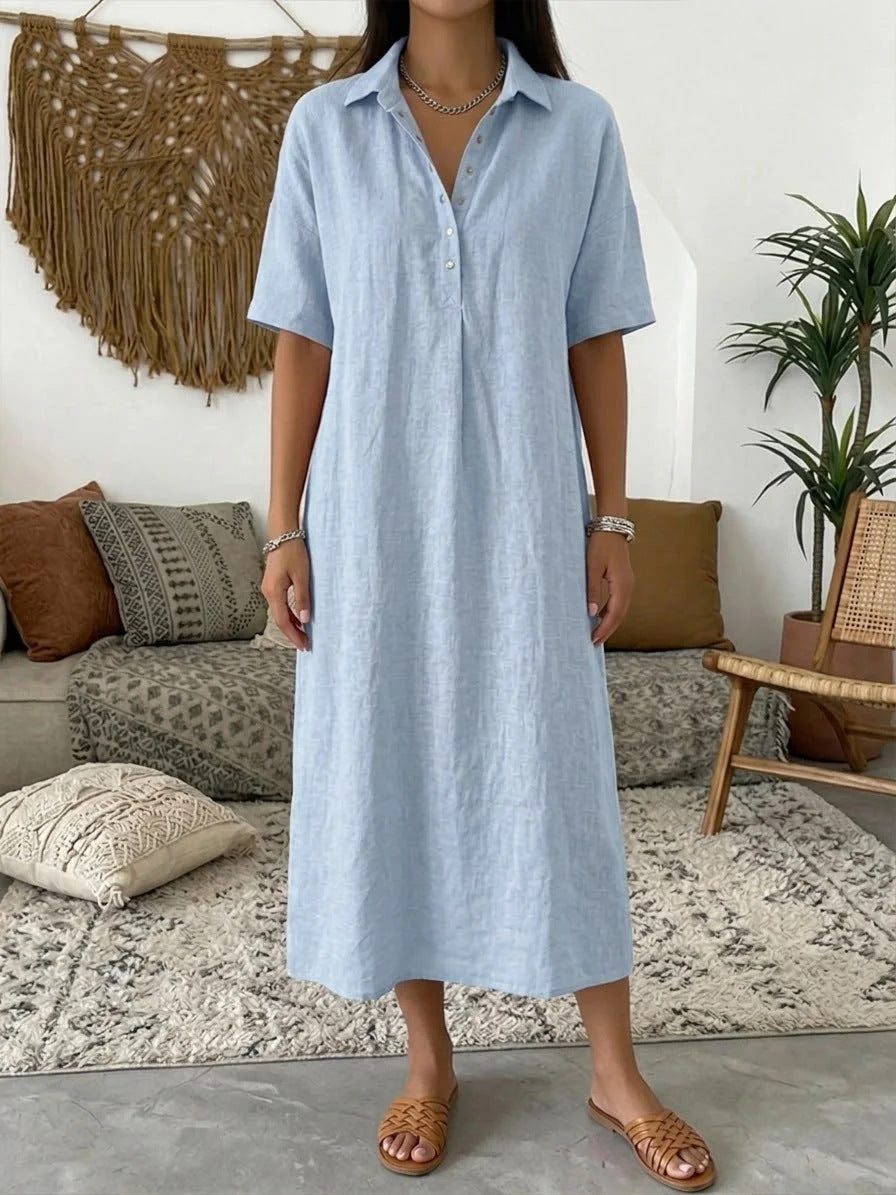 Melba Lane – Nerano light blue collared linen shirt midi dress, full-length front view in a boho living room, AU women's sizes