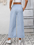 Melba Lane – Devizes light blue striped cropped wide-leg pants, back view with hands in the pockets, AU women's sizes