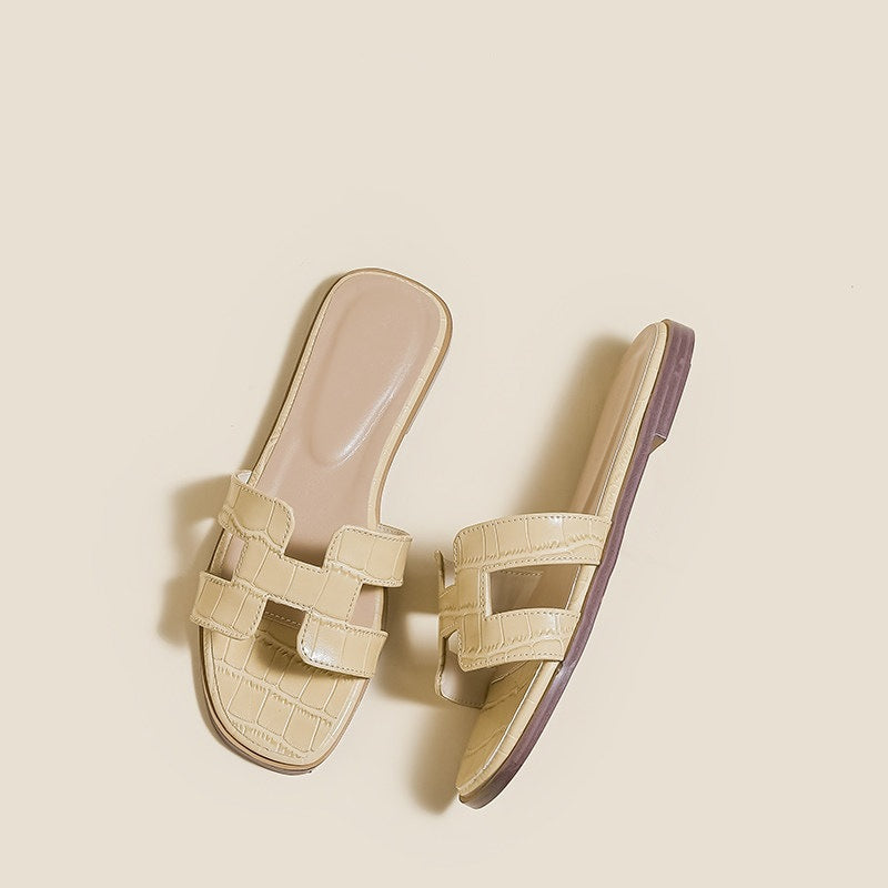Melba Lane – Creamy yellow croc-embossed flat slide sandals, top view, AU women's sizes