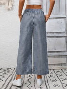 Melba Lane – Devizes denim blue striped cropped wide-leg pants, back view with hands in the pockets, AU women's sizes