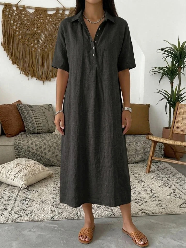 Melba Lane – Nerano black collared linen shirt midi dress, full-length front view in a boho living room, AU women's sizes