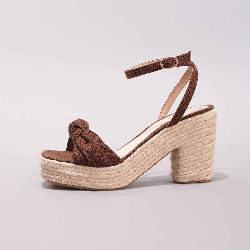 Melba Lane – Brown bow wedge sandals, side profile with rope-wrapped heel, AU women's sizes