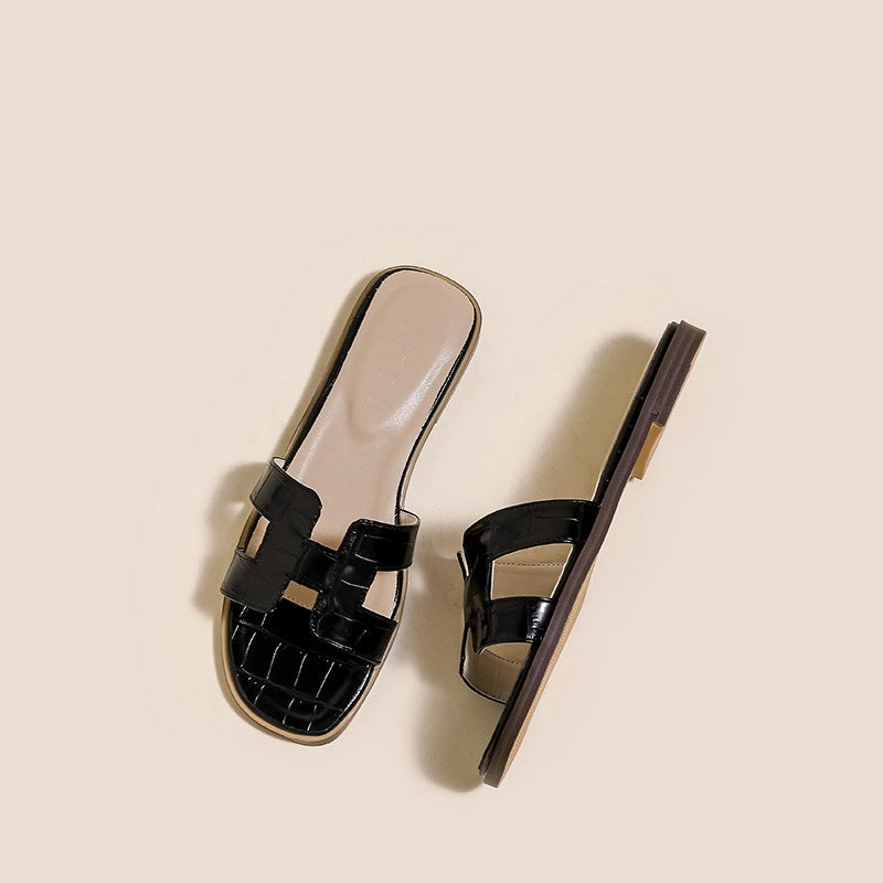 Melba Lane – Black croc-embossed H-strap flat slide sandals, top view, AU women's sizes