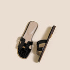 Melba Lane – Black croc-embossed H-strap flat slide sandals, top view, AU women's sizes