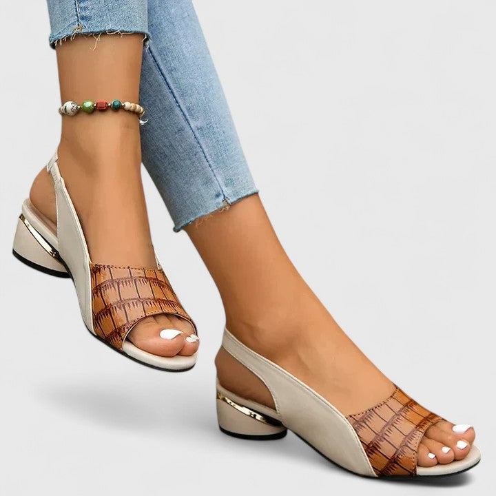 Melba Lane – tan croc-embossed slingback sandals styled with jeans, AU women's sizes