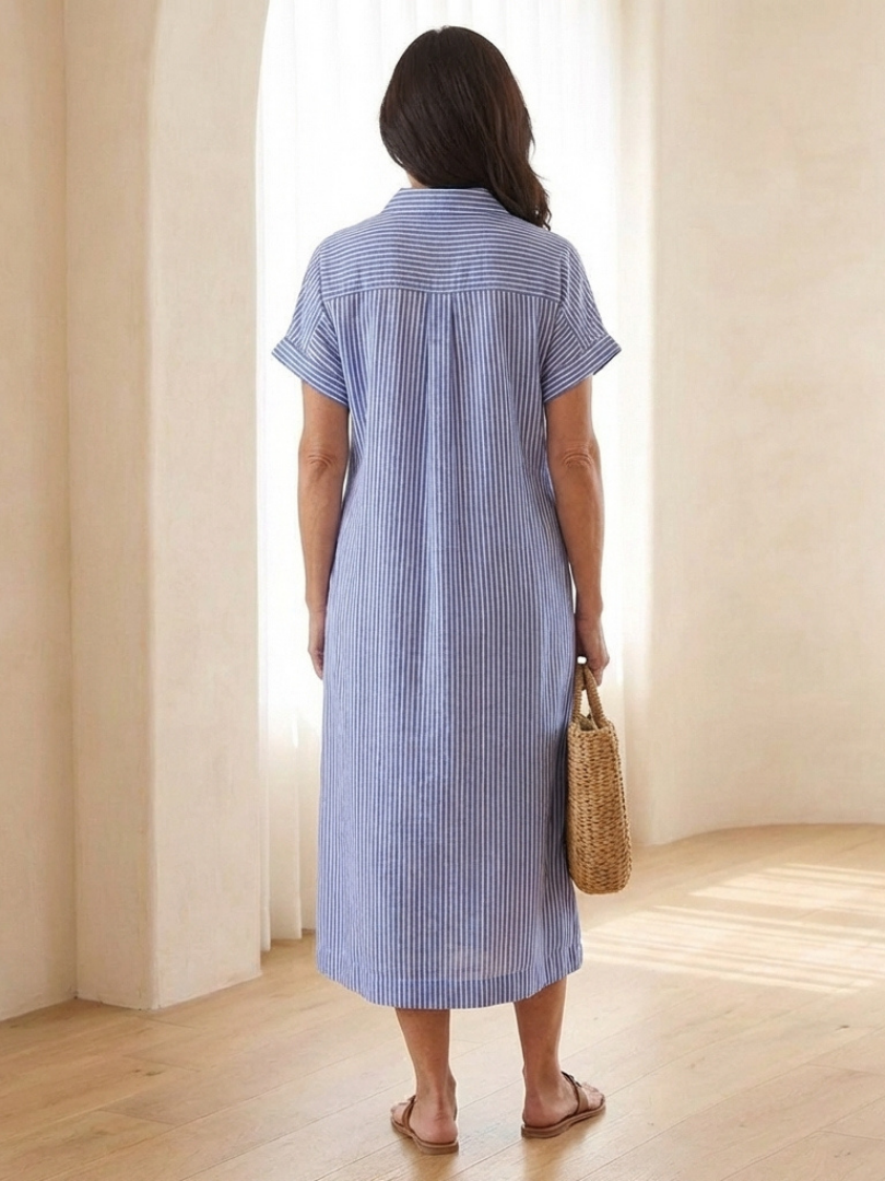 Melba Lane – Monterey Sky Blue striped linen shirt dress, back view, AU women’s sizes