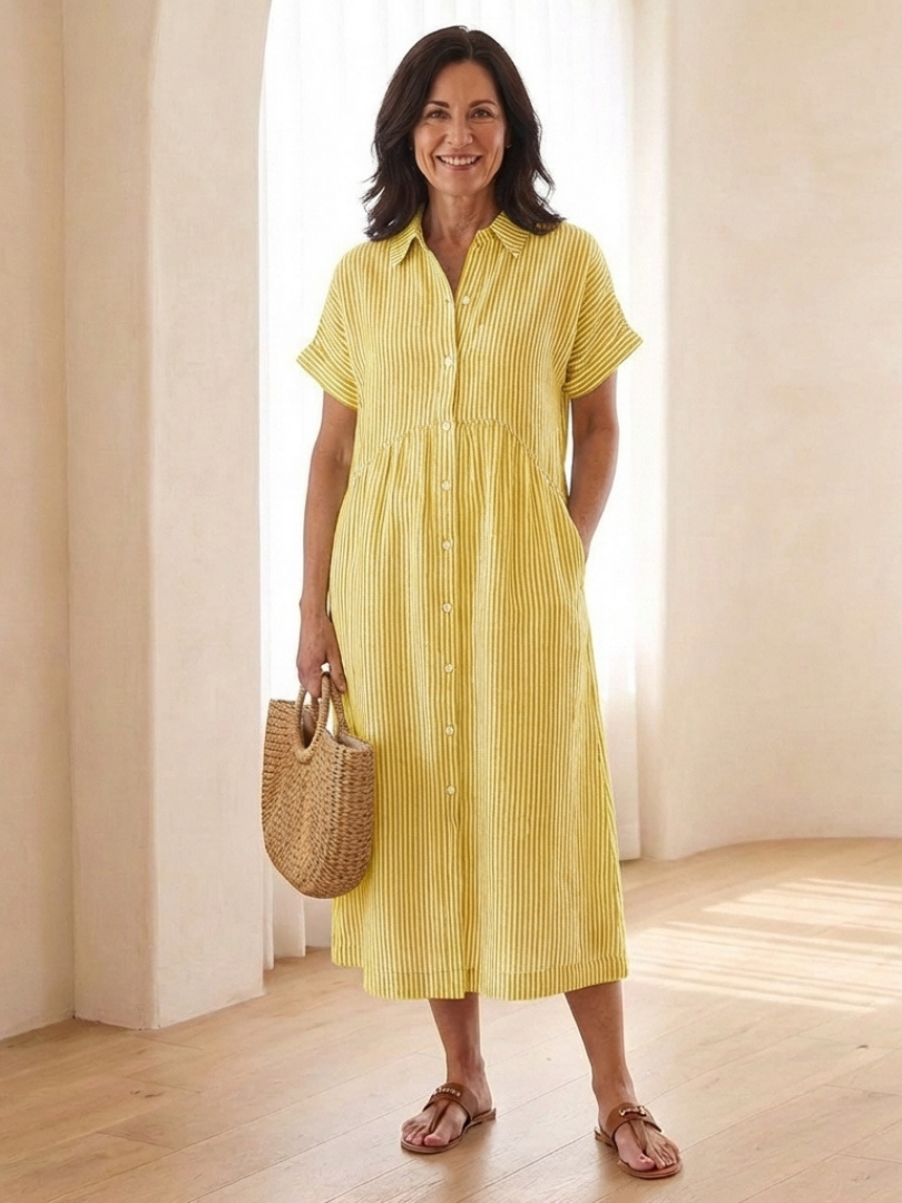 Melba Lane – Monterey Yellow striped linen shirt dress, front view, AU women’s sizes