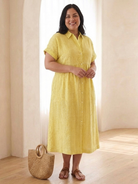 Melba Lane – Monterey Yellow striped linen shirt dress, full-length front view, AU women’s sizes