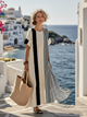 Melba Lane – Cefalu cream striped maxi dress, full length front view by the sea, AU women's sizes