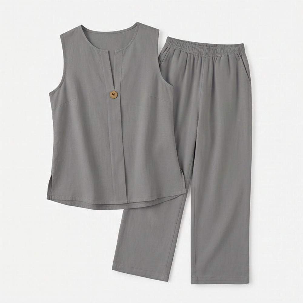 Melba Lane – Sperlonga gray sleeveless top and wide-leg pants flat lay, AU women's sizes