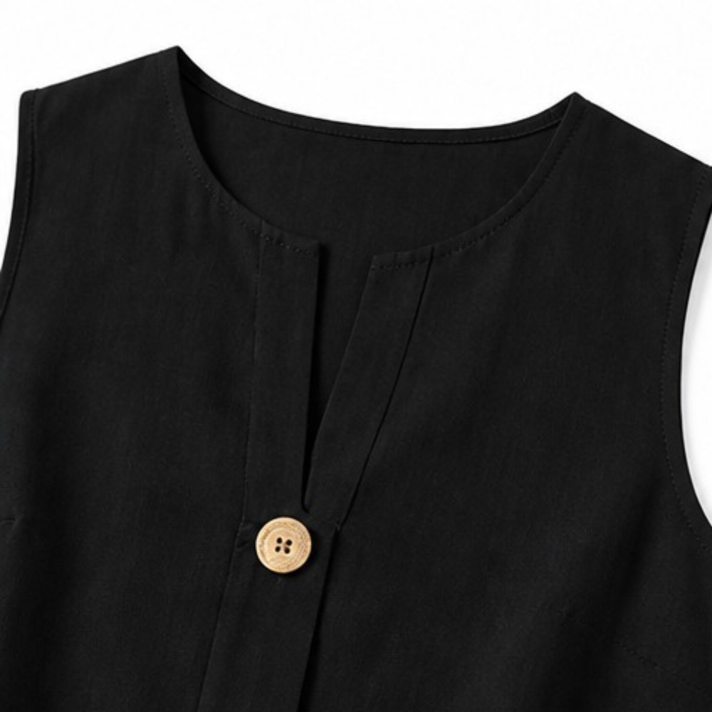 Melba Lane – Sperlonga black sleeveless top flat lay, neckline and button, AU women's sizes
