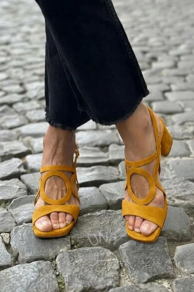 Melba Lane – mustard yellow ring-cutout block heel sandals worn outdoors, AU women's sizes