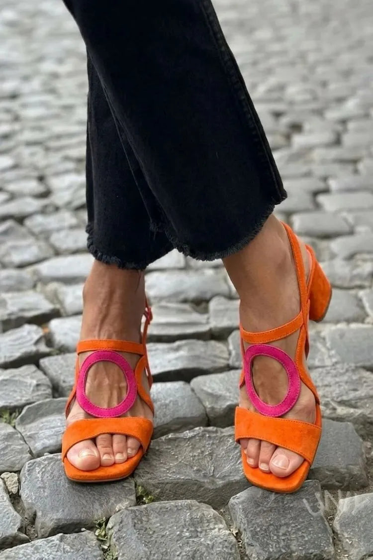 Melba Lane – orange and pink ring-cutout block heel sandals on cobbles, AU women's sizes