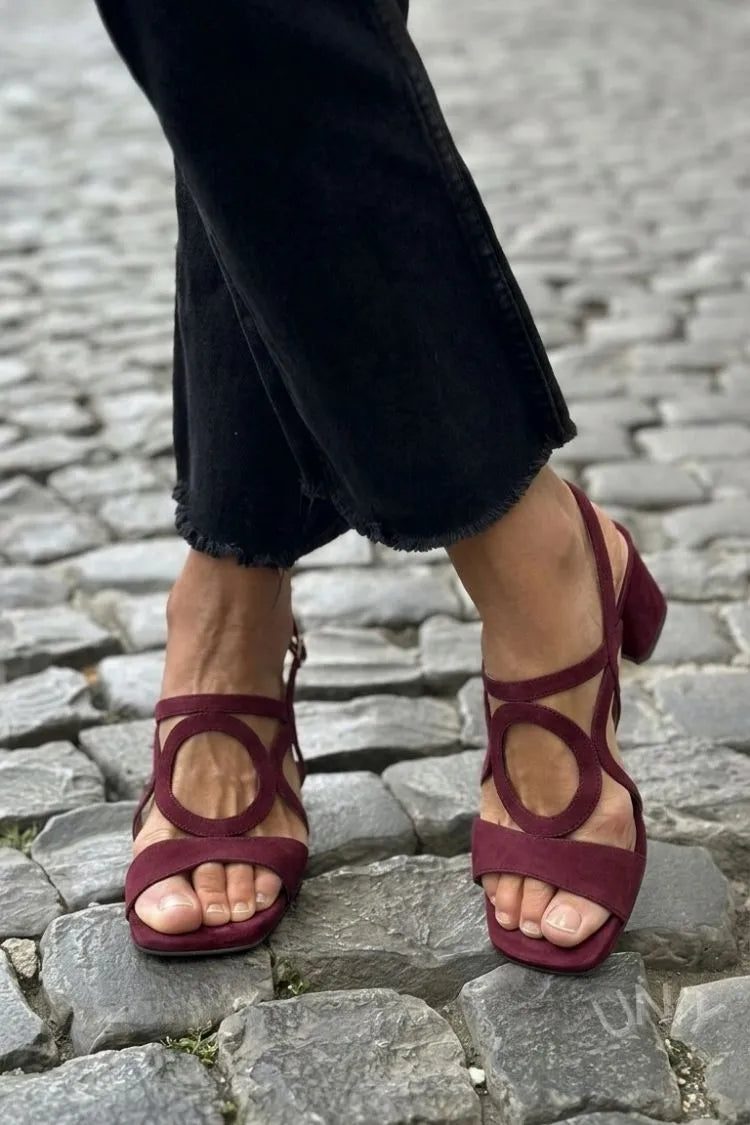 Melba Lane – yellow suede ring-cutout block heel sandals worn outdoors, AU women's sizes