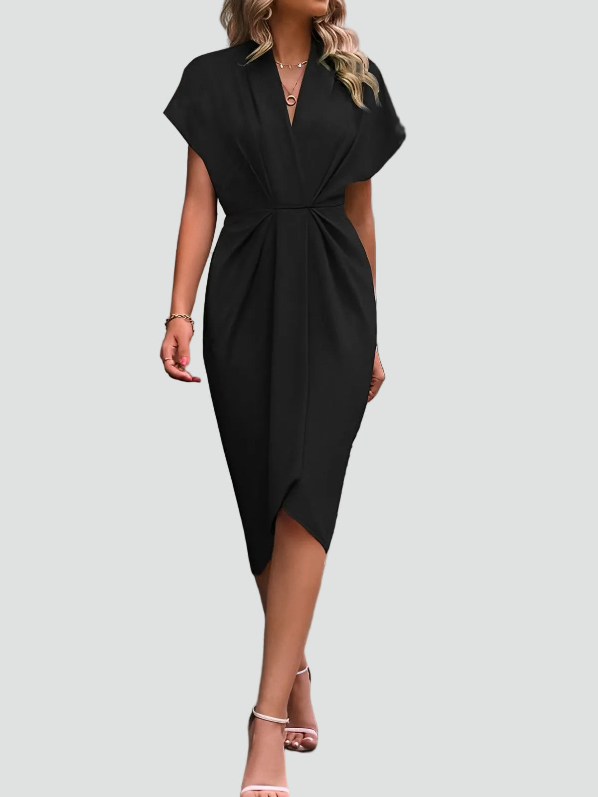 Melba Lane – black twist front wrap midi dress worn with heels, AU women's sizes