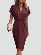Melba Lane – rust wrap midi dress, ruched twist front detail, AU women's sizes