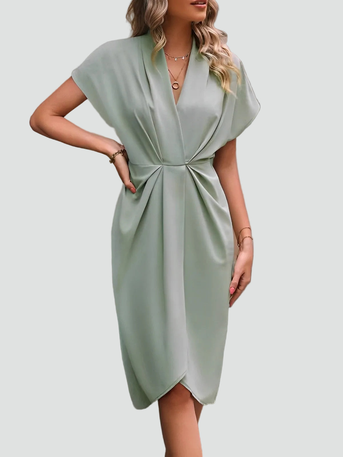 Melba Lane – sage green wrap midi dress, dolman sleeve and drape, AU women's sizes