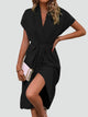 Melba Lane – black wrap midi dress, seated pose with front slit, AU women's sizes