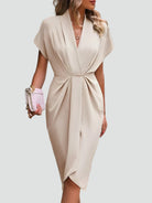 Melba Lane – beige wrap midi dress, standing front view on model, AU women's sizes