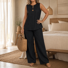 Melba Lane – Sperlonga black sleeveless two-piece set, full front view worn, AU women's sizes