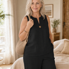 Melba Lane – Sperlonga black two-piece set, top and neckline worn close-up, AU women's sizes