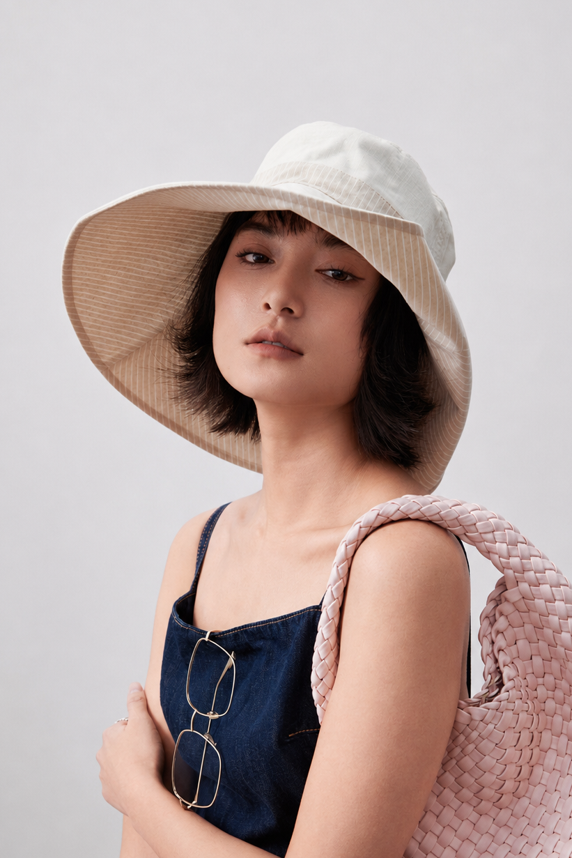 Melba Lane – Kythira beige reversible wide-brim bucket sun hat, front view with the striped band at the crown