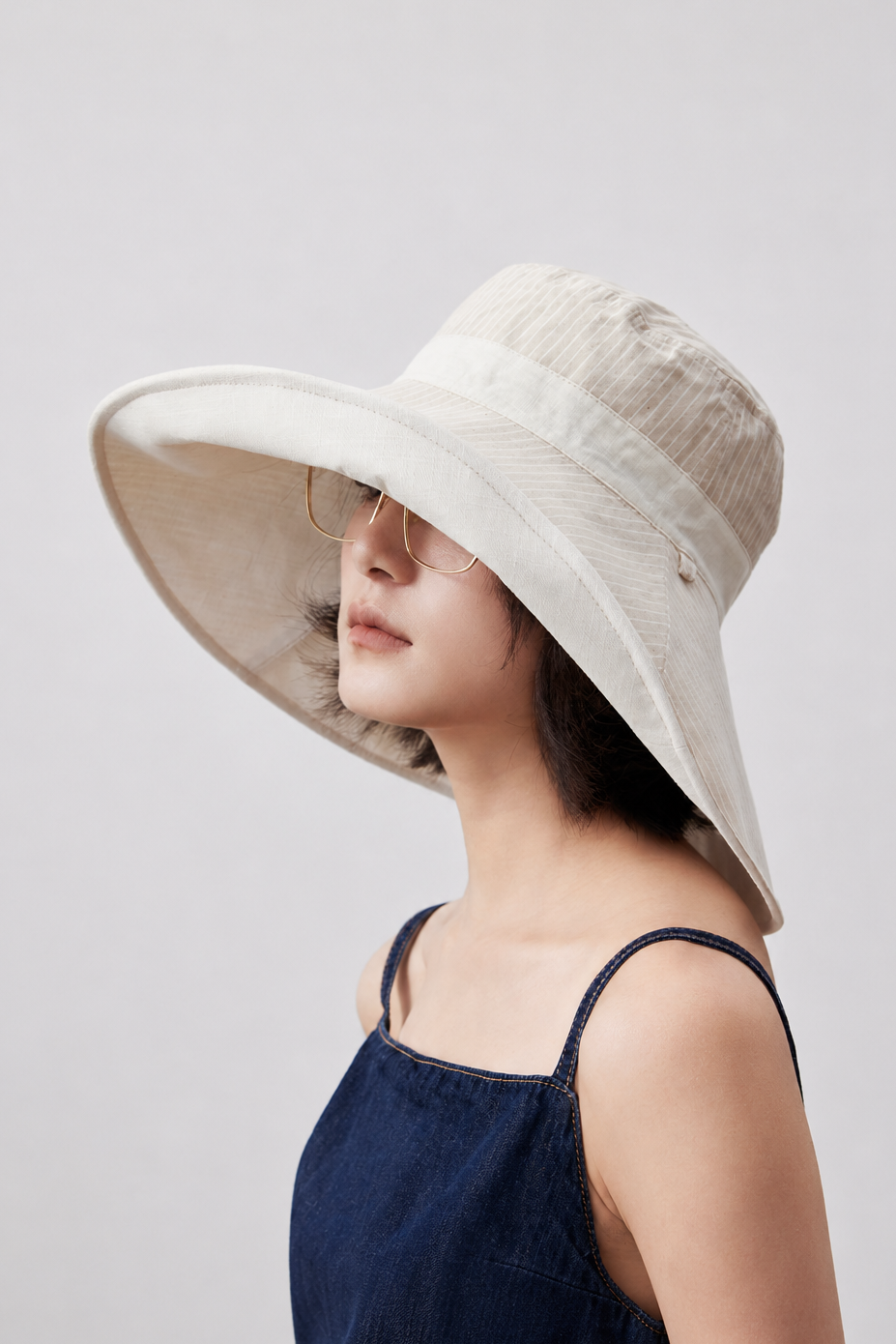 Melba Lane – Kythira beige reversible foldable sun hat in side profile, brim lifted to show the fine stripe on the reverse face