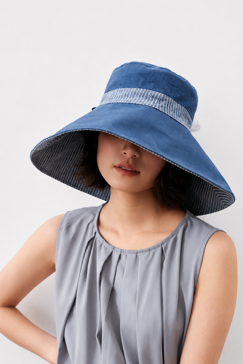 Melba Lane – Kythira blue reversible wide-brim sun hat worn plain side out, front view with a striped woven band