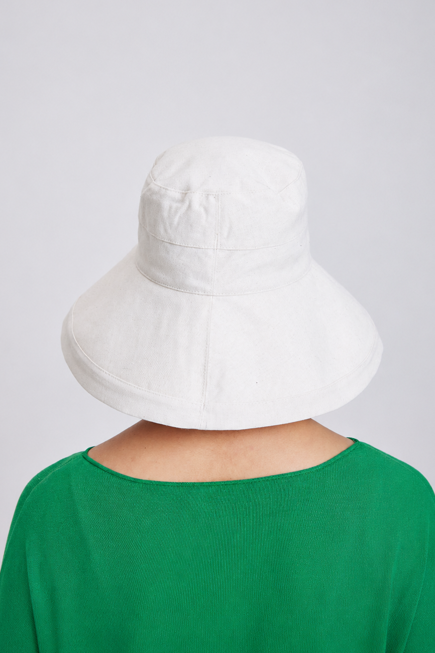 Melba Lane – Tossa hemp beige wide-brim bucket sun hat from the back, showing full neck coverage